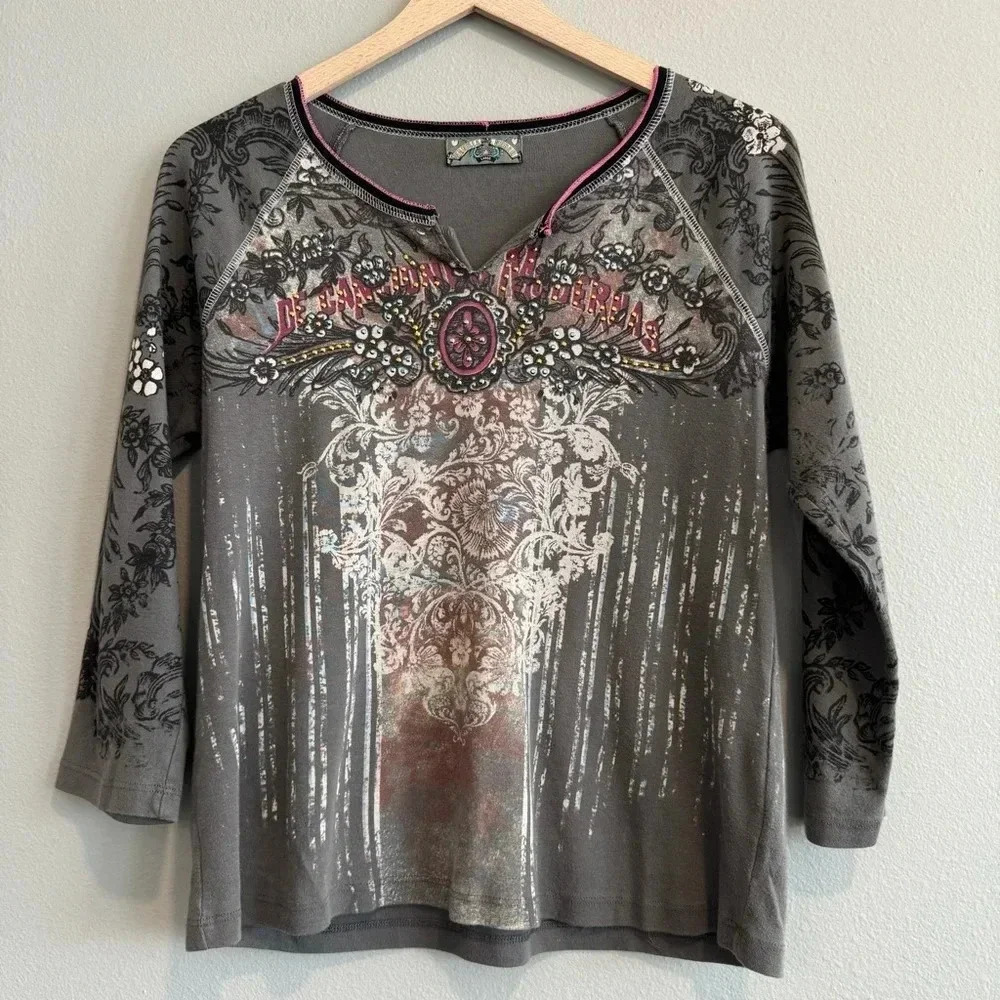 Vanilla Sugar Vintage Blouse 3/4 Sleeve Embellished Grunge Y2K L